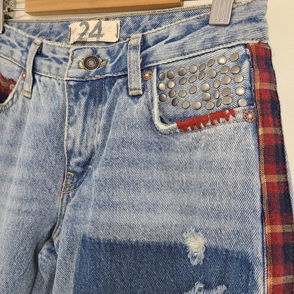 Free People Plaid Mixed Slim Flare Jeans patchwork studded size 24 - Picture 8 of 9